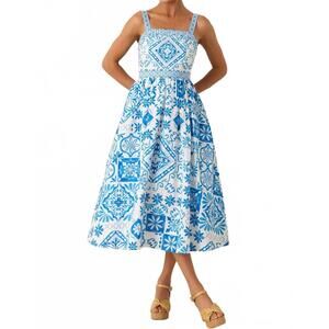 NEW PROSPERINA lydia midi dress in aegean blue tile print